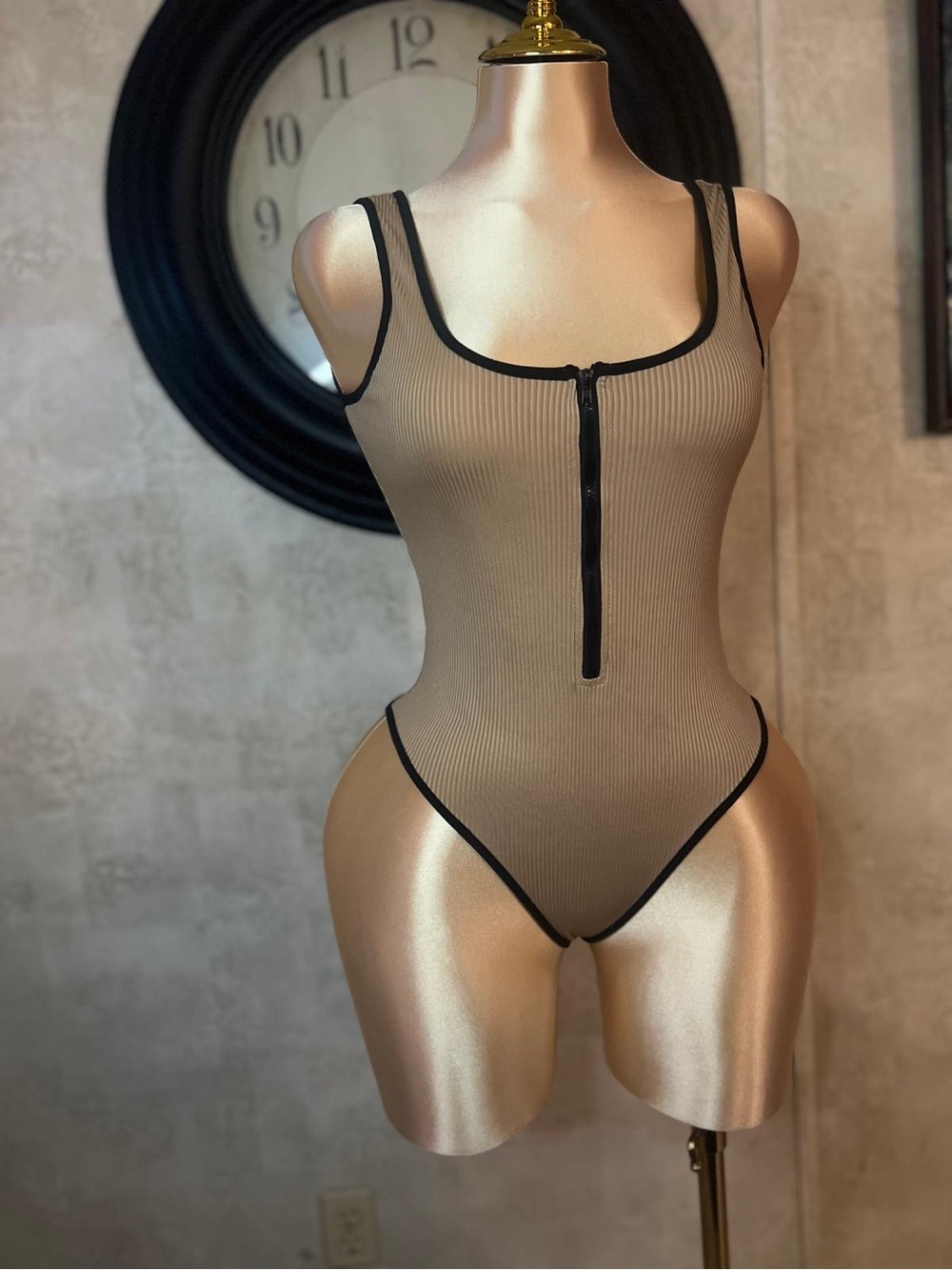 SHEIN Ribbed Zip Front One Piece in Brown Size Small